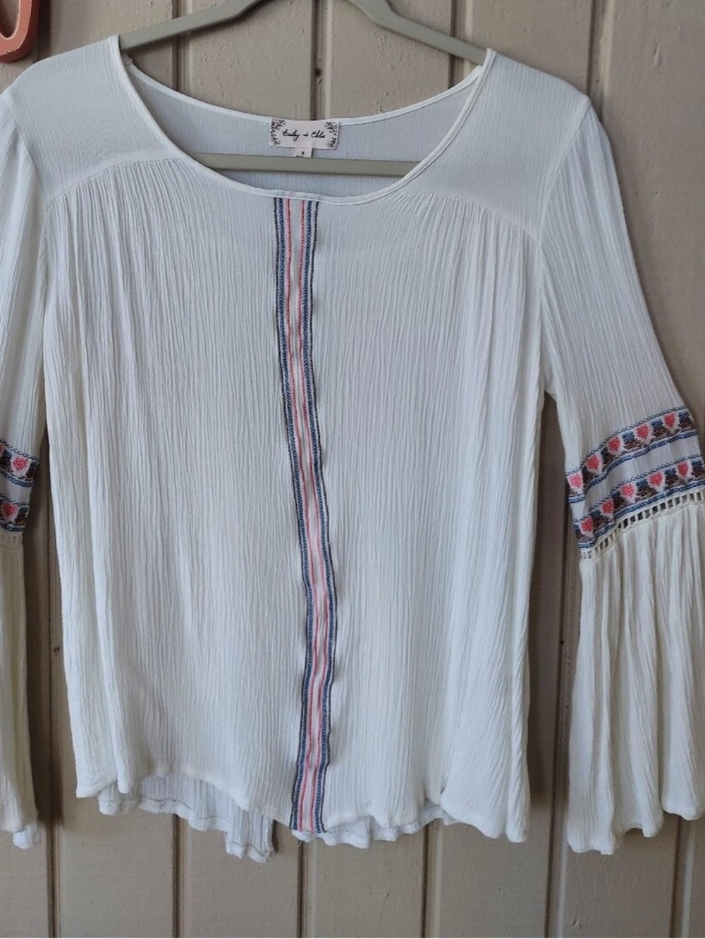 Lucky & Ella White Boho Peasant Top with Embroidered Trim